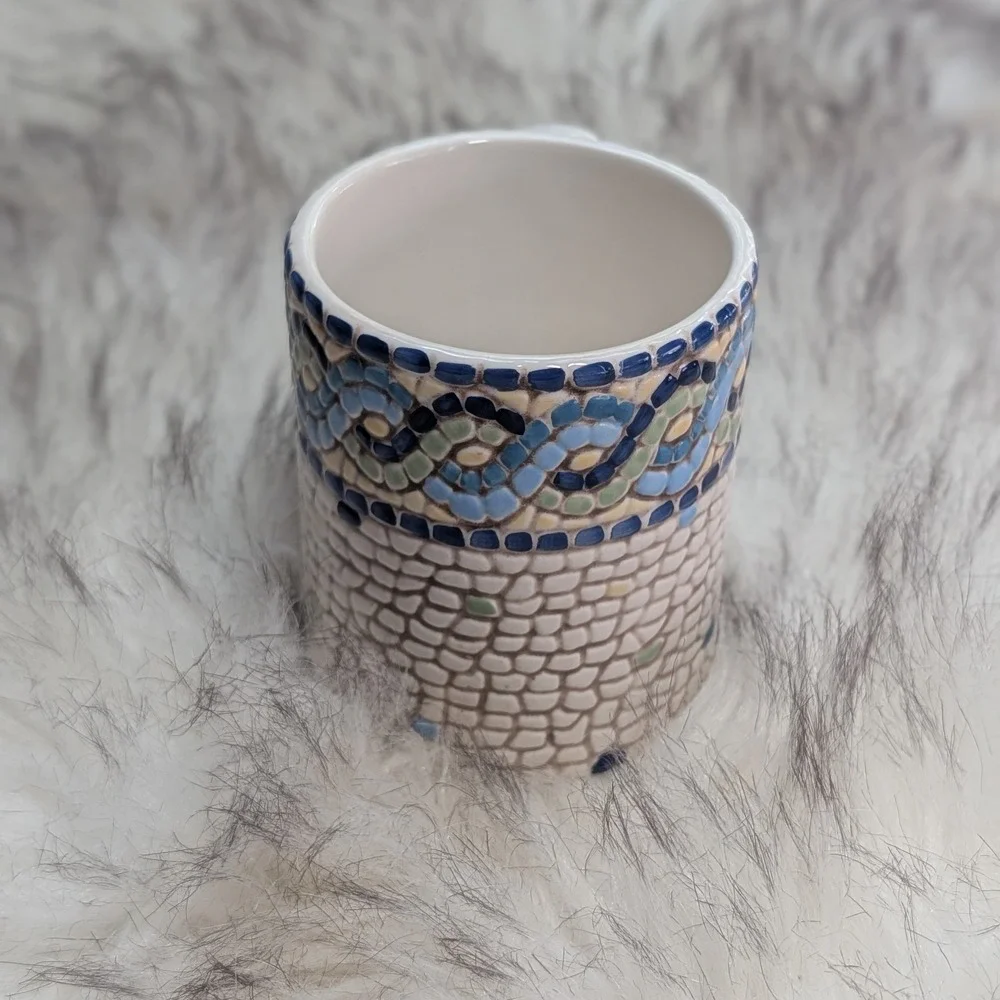 Pottery Barn Mosaic Wave Mug Coffee Cup White Blues Green